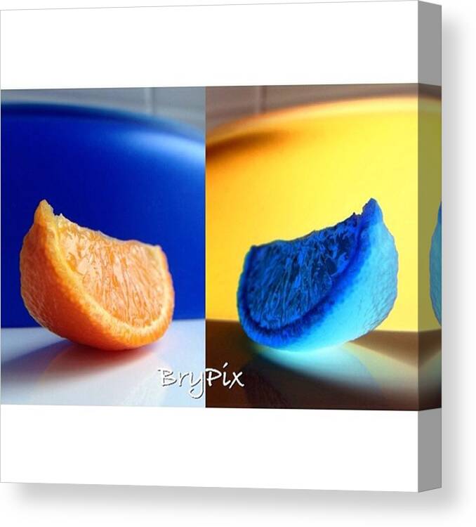 Two Canvas Print featuring the photograph A segment of an orange with negative colour by Peter Bryenton