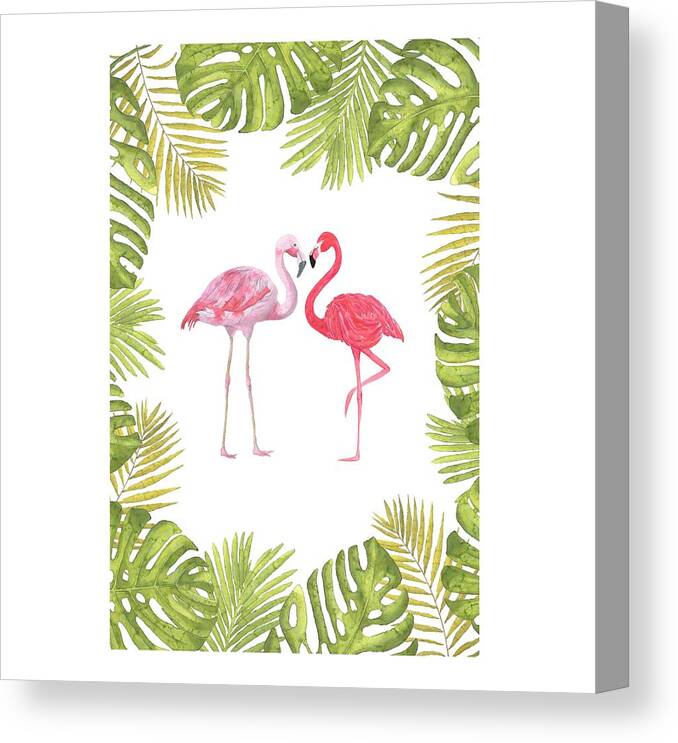 Palm Leaves Canvas Print featuring the painting Magical Tropicana Love Flamingos and Leaves by Georgeta Blanaru