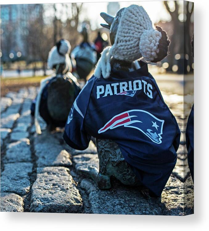 Boston Canvas Print featuring the photograph Make Way For Ducklings supporting the Patriots- Boston Public Garden Boston MA by Toby McGuire