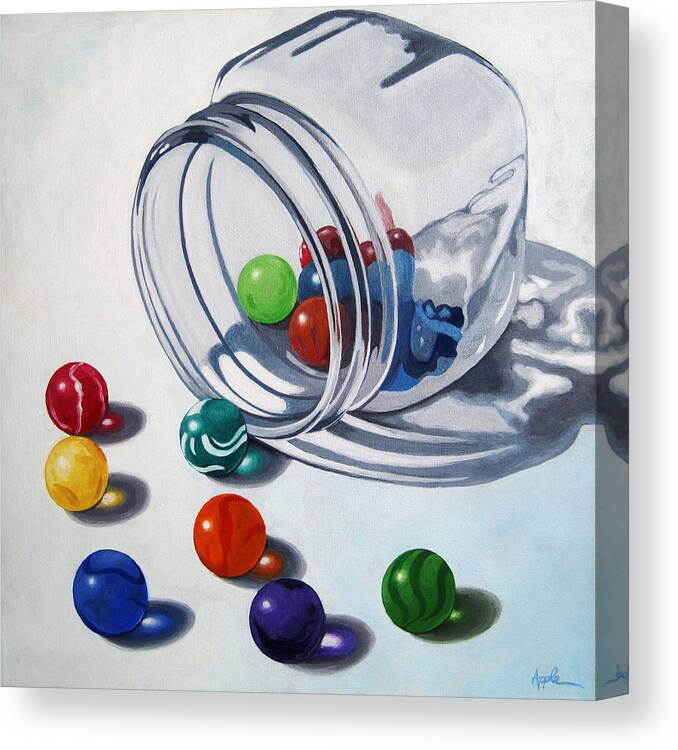 Marbles Canvas Print featuring the painting Marbles and Glass Jar still life painting by Linda Apple