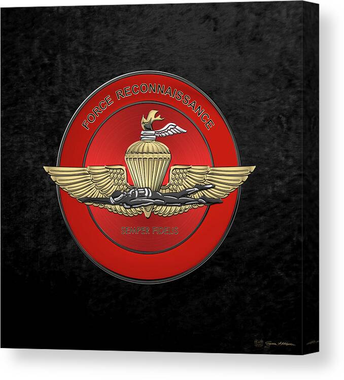 'military Insignia & Heraldry' Collection By Serge Averbukh Canvas Print featuring the digital art Marine Force Reconnaissance - U S M C  F O R E C O N Insignia over Black Velvet by Serge Averbukh