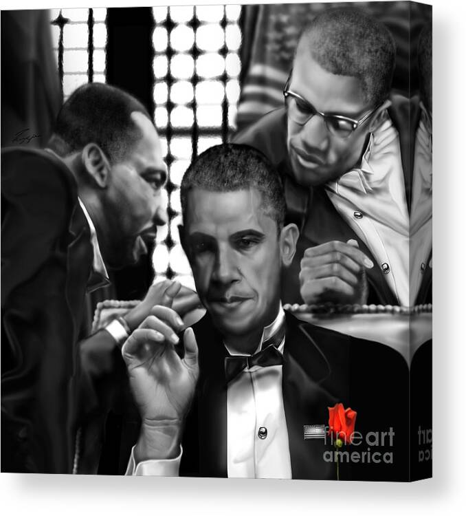 Dr. Martin Luther King Jr. Canvas Print featuring the painting Martin Malcolm Barack and the Red Rose by Reggie Duffie