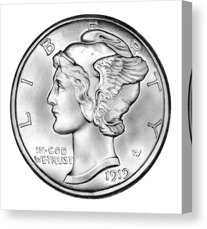1919 Canvas Print featuring the drawing Mercury Dime by Greg Joens