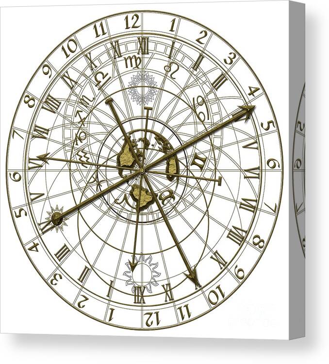 Clock Canvas Print featuring the digital art Metal astronomical clock by Michal Boubin
