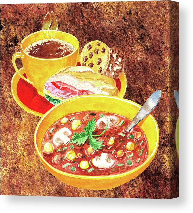 Soup Canvas Print featuring the painting Mushroom Soup Sandwich And Coffee by Irina Sztukowski