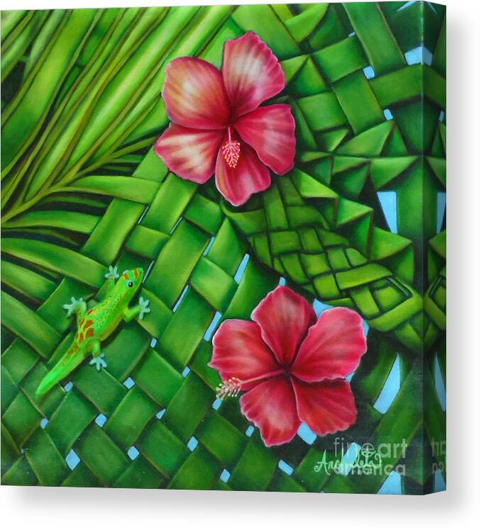 Hawaiian Canvas Print featuring the painting My Hawaiian Gecko by Ruben Archuleta - Art Gallery
