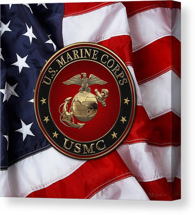 'usmc' Collection By Serge Averbukh Canvas Print featuring the digital art N C O and Enlisted E G A Special Edition over U. S. Flag by Serge Averbukh