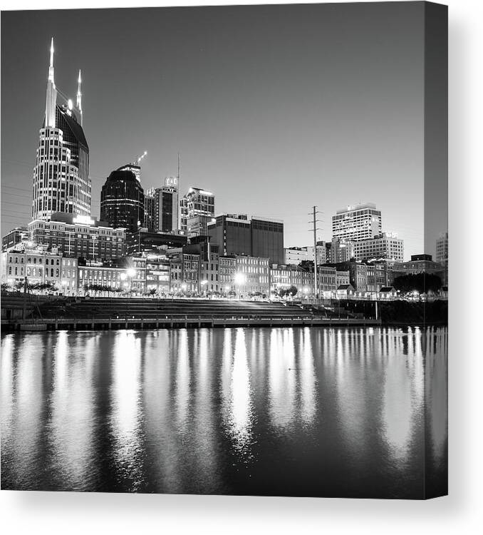 America Canvas Print featuring the photograph Nashville Skyline at Dusk in Black and White - Square by Gregory Ballos