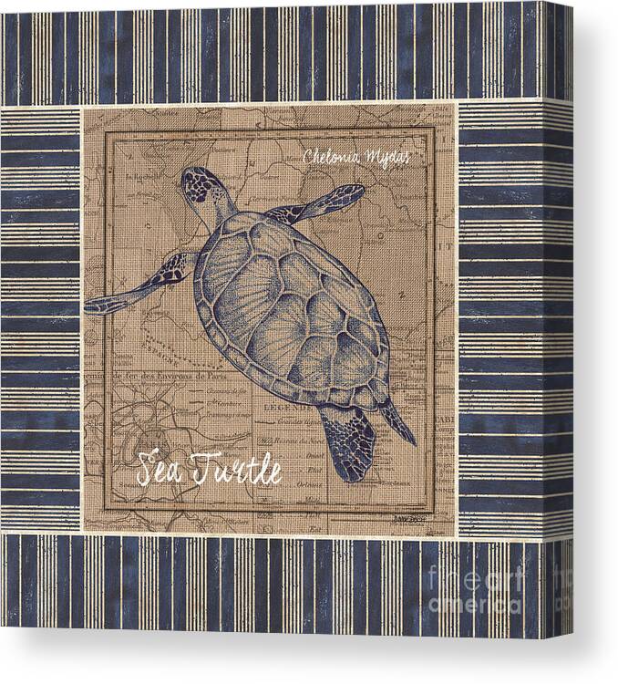 Sea Canvas Print featuring the painting Nautical Stripes Sea Turtle by Debbie DeWitt