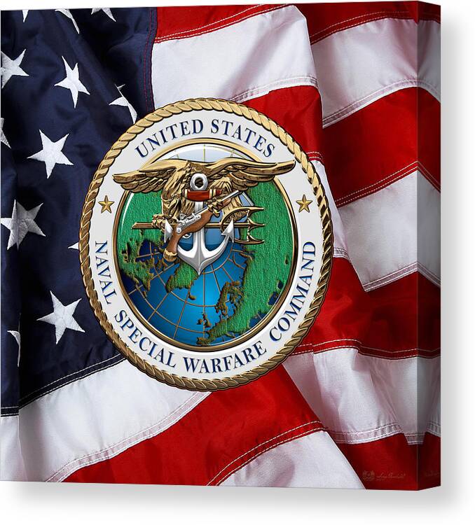 'military Insignia & Heraldry - Nswc' Collection By Serge Averbukh Canvas Print featuring the digital art Naval Special Warfare Command - N S W C - Emblem over U. S. Flag by Serge Averbukh