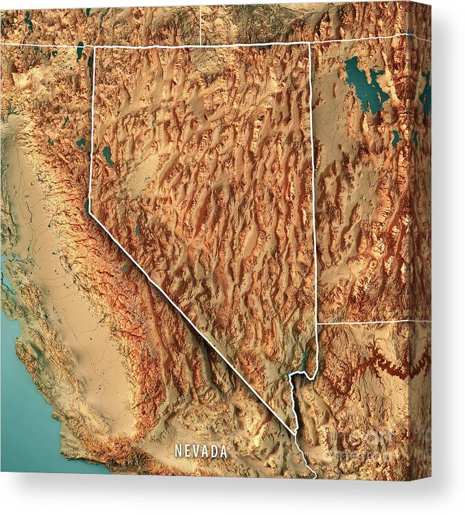 Nevada Canvas Print featuring the digital art Nevada State USA 3D Render Topographic Map Border by Frank Ramspott