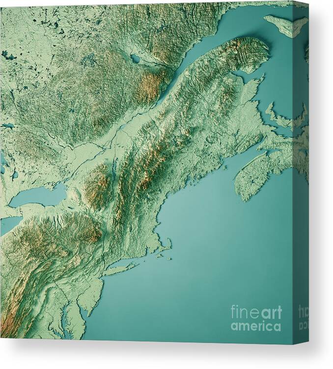 New England Canvas Print featuring the digital art New England 3D Render Topographic Map Color by Frank Ramspott
