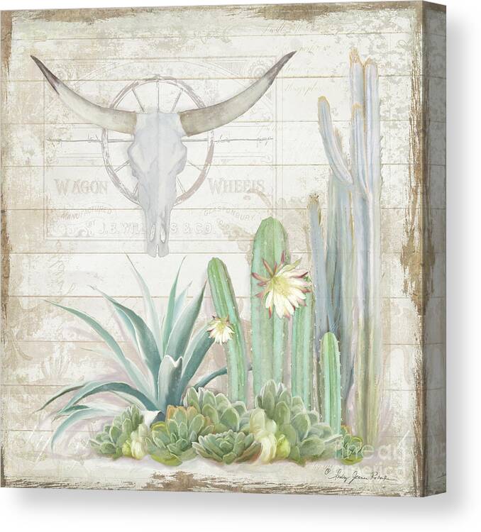Longhorn Cow Skull Canvas Print featuring the painting Old West Cactus Garden w Longhorn Cow Skull n Succulents over Wood by Audrey Jeanne Roberts