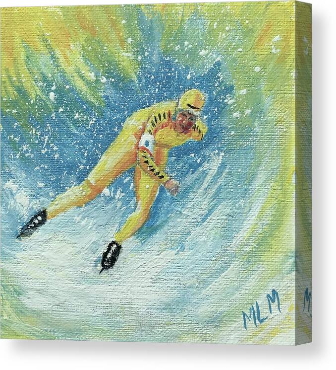 Yellow Canvas Print featuring the painting Olympic Speed Skater by ML McCormick