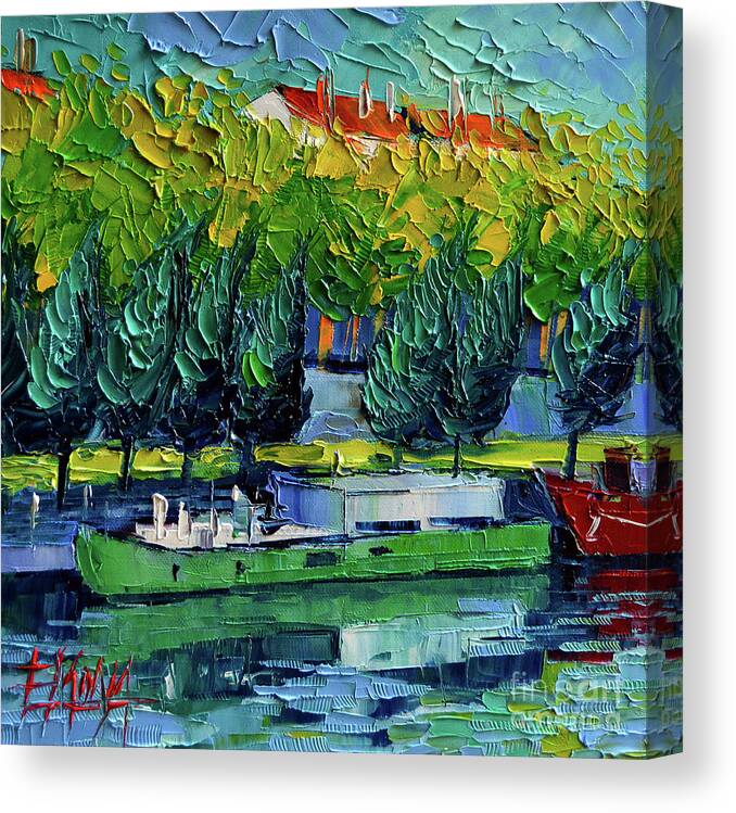 One Barge On The Rhone River Canvas Print featuring the painting ONE BARGE ON THE RHONE RIVER - impasto palette knife oil painting by Mona Edulesco