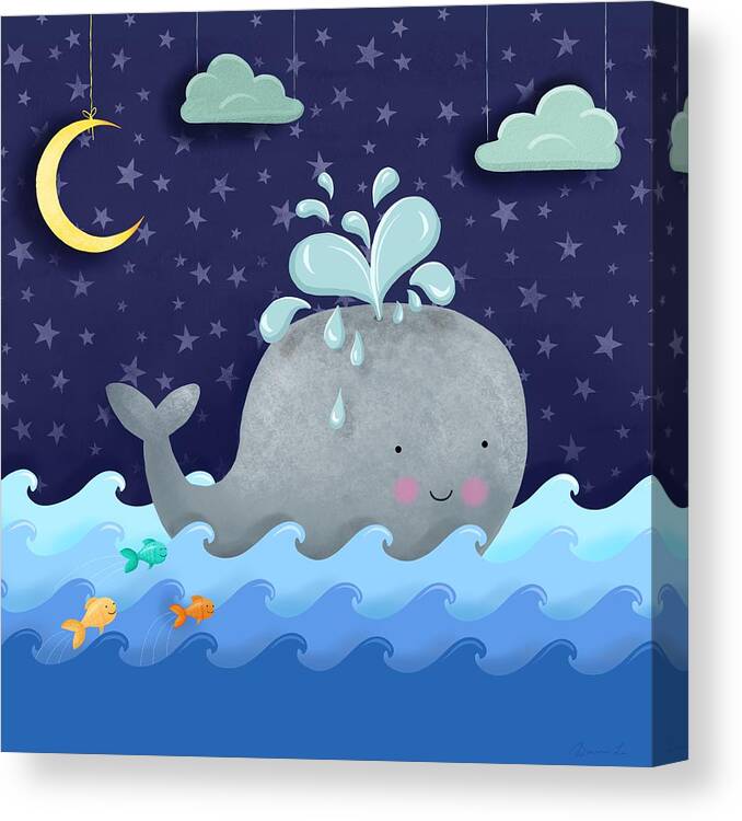 Whale Canvas Print featuring the painting One Wonderful Whale With Fabulous Fishy Friends by Little Bunny Sunshine