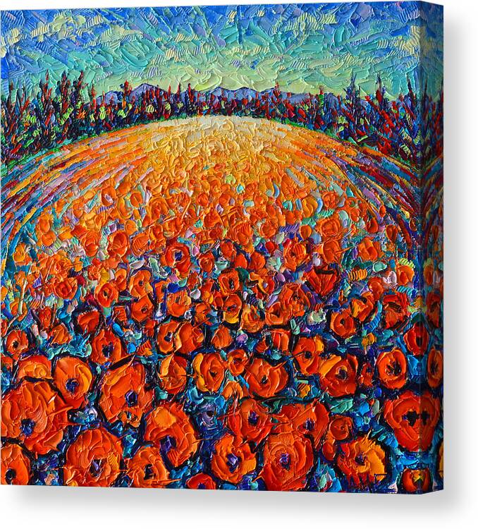 Poppy Canvas Print featuring the painting ORANGE POPPIES MAGIC modern impressionist landscape impasto knife oil painting by ANA MARIA EDULESCU by Ana Maria Edulescu