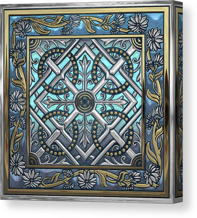 ‘celtic Treasures’ Collection By Serge Averbukh Canvas Print featuring the digital art Ornate Medieval Sacred Celtic Cross over Blue Leather by Serge Averbukh