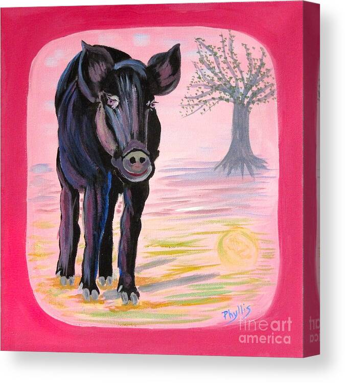 Little Black Canvas Print featuring the painting Orphaned tiny Pig Adopted By Black Calf Story by Phyllis Kaltenbach