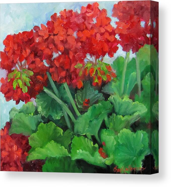 Geraniums Canvas Print featuring the painting Painting of Red Geraniums by Cheri Wollenberg