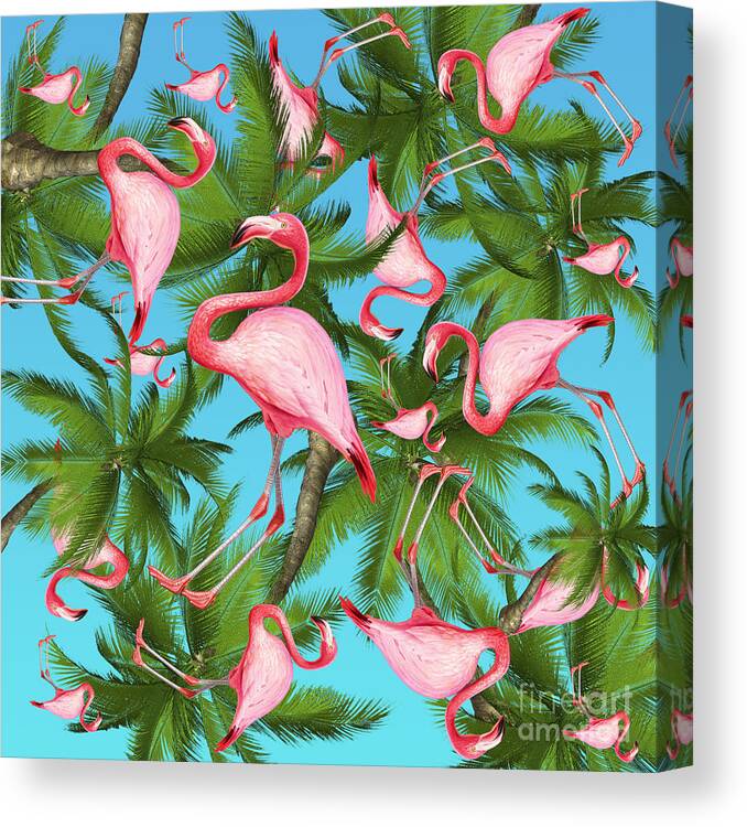  Summer Canvas Print featuring the digital art Palm tree and flamingos by Mark Ashkenazi