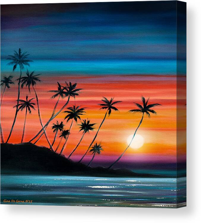 Art Canvas Print featuring the painting Palm Trees Beach - Square Sunset by Gina De Gorna