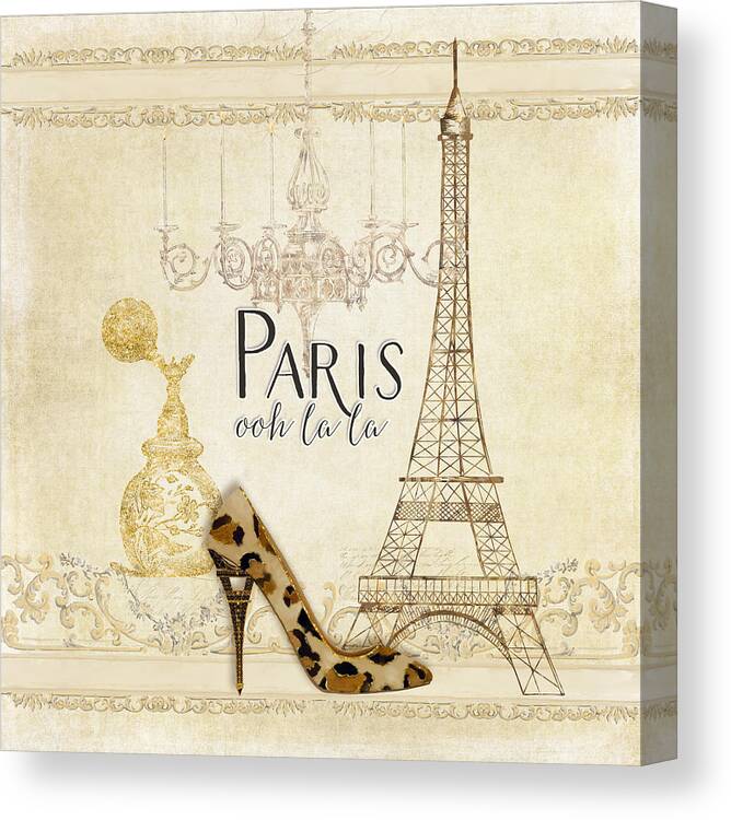 Fashion Canvas Print featuring the painting Paris - Ooh la la Fashion Eiffel Tower Chandelier Perfume Bottle by Audrey Jeanne Roberts
