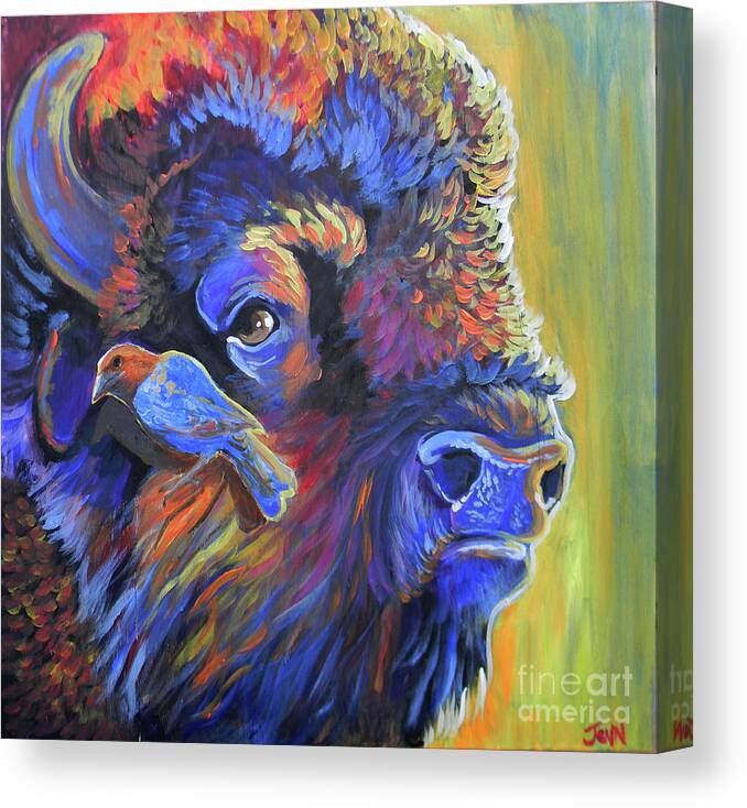 Bison Canvas Print featuring the painting Pesky Cowbird by Jenn Cunningham
