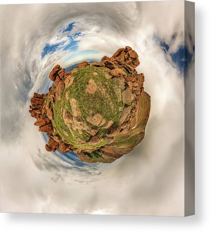 American West Canvas Print featuring the photograph Pikes Peak Tiny Planet #2 by Chris Bordeleau