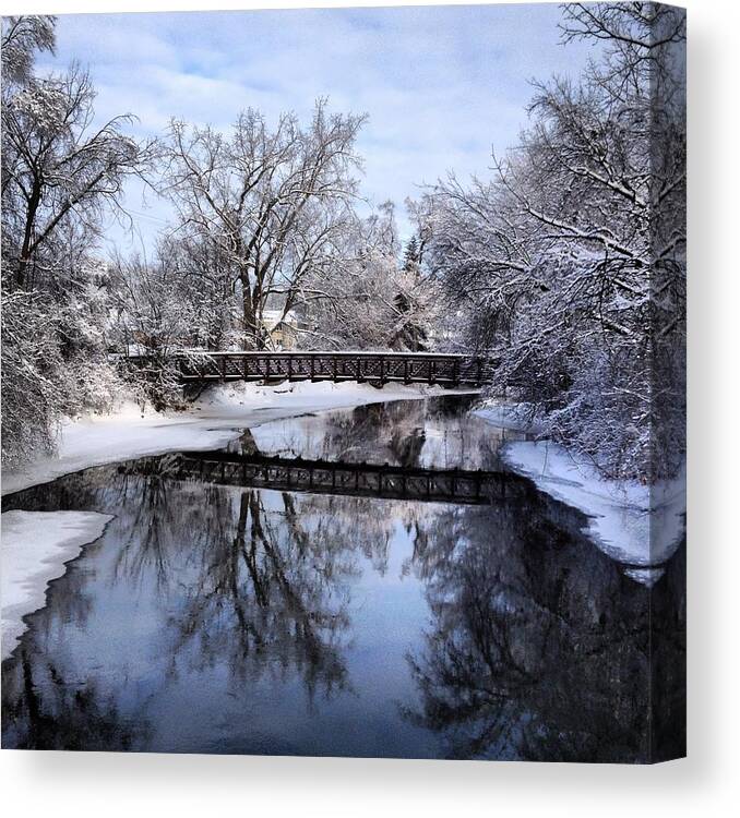 Alma Canvas Print featuring the photograph Pine River Foot Bridge from Superior in Winter by Chris Brown