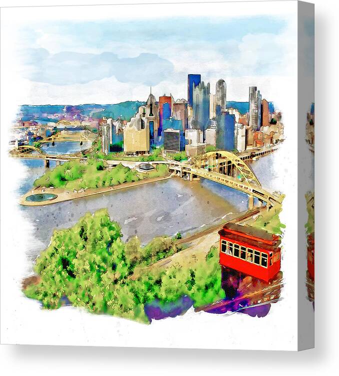 Marian Voicu Canvas Print featuring the painting Pittsburgh Aerial View by Marian Voicu