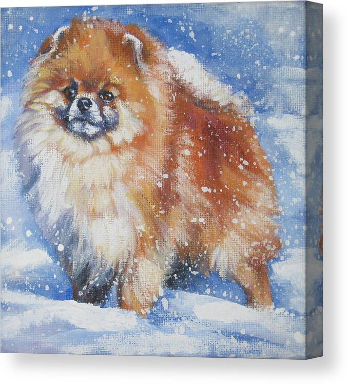 Pomeranian Canvas Print featuring the painting pomeranian in the Snow by Lee Ann Shepard