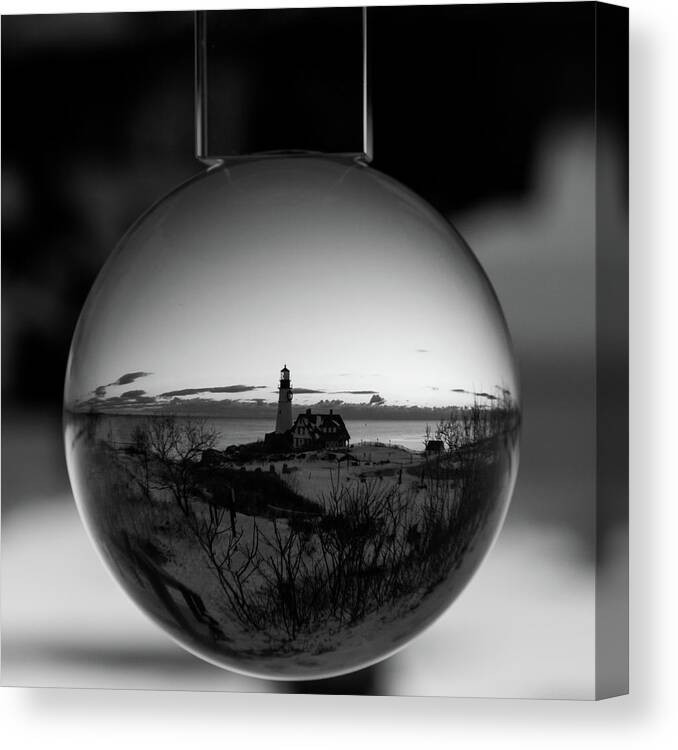 Black And White Canvas Print featuring the photograph Portland Headlight Globe by Darryl Hendricks