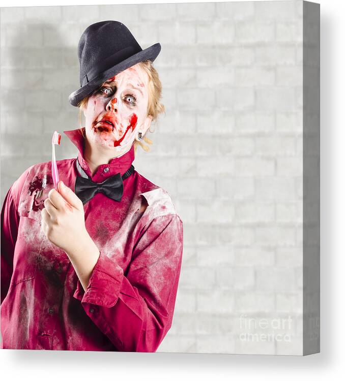 Cavity Canvas Print featuring the photograph Possessed girl with bloody toothbrush. Gum disease by Jorgo Photography