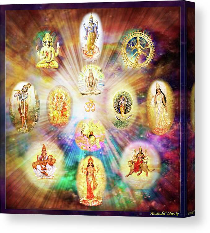 Om Canvas Print featuring the mixed media Purnamida Purnamidam - One Divine Source for all Gods and Goddesses by Ananda Vdovic