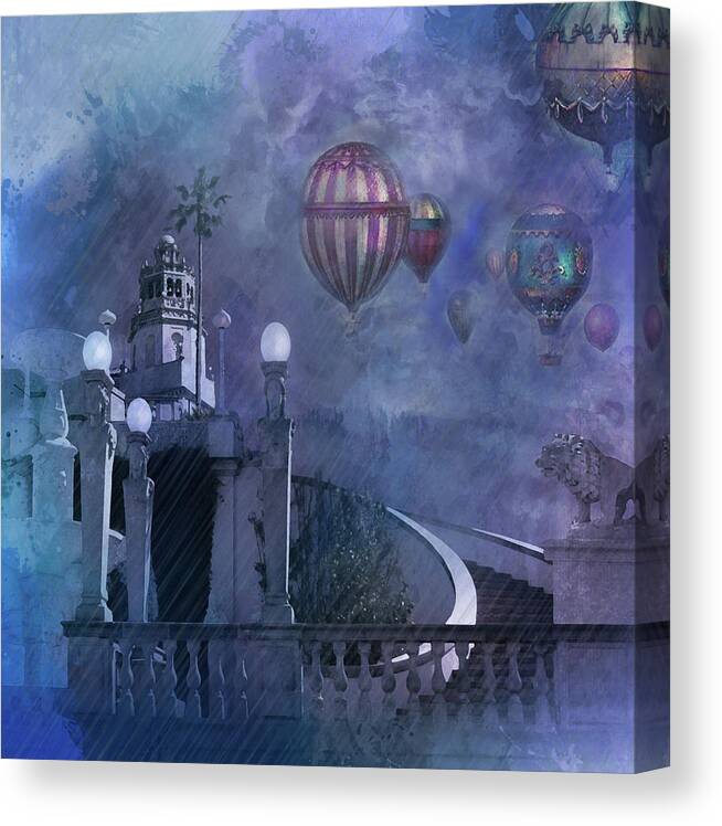 Hearst Castle Canvas Print featuring the digital art Rain and balloons at Hearst Castle by Jeff Burgess