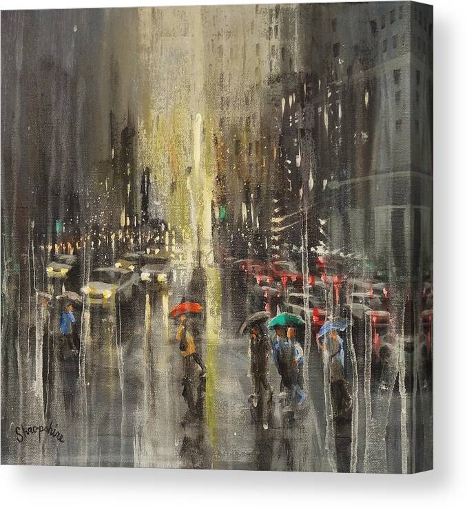 Milwaukee Canvas Print featuring the painting Rain On Wisconsin Avenue by Tom Shropshire