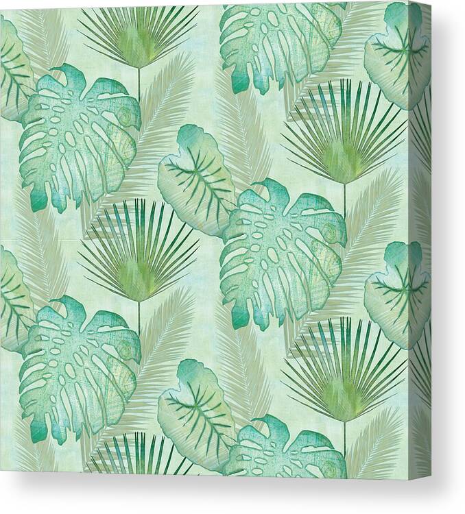 Rain Canvas Print featuring the painting Rainforest Tropical - Elephant Ear and Fan Palm Leaves Repeat Pattern by Audrey Jeanne Roberts
