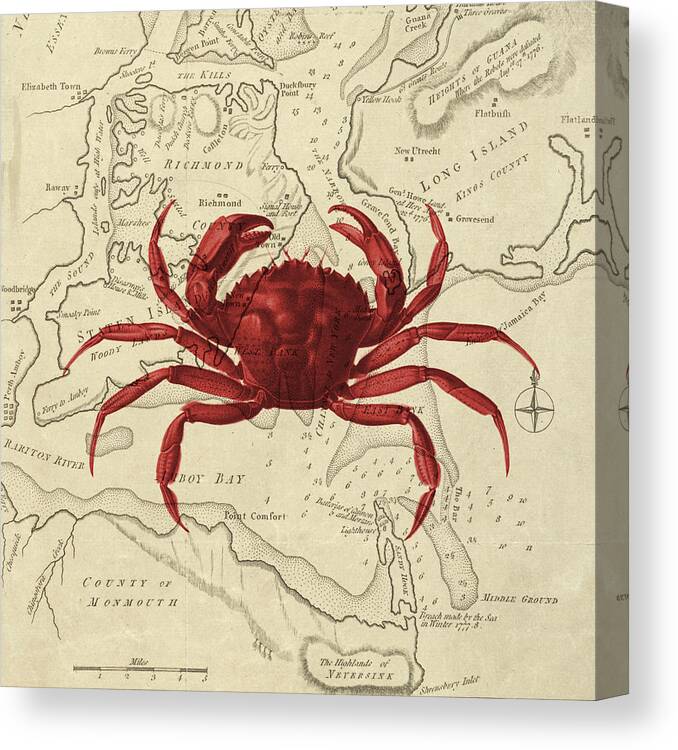 Red Canvas Print featuring the digital art Red Crab Over Antique Sea Chart by Erin Cadigan