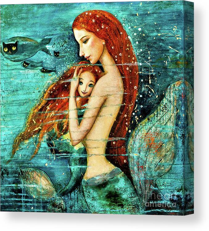 Mermaid Art Canvas Print featuring the painting Red Hair Mermaid Mother and Child by Shijun Munns