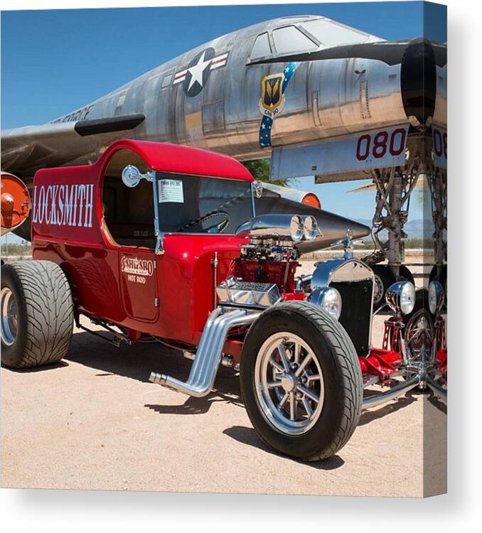 Arizona Canvas Print featuring the photograph Red Hot Rod Next To Vintage Airplane by Michael Moriarty