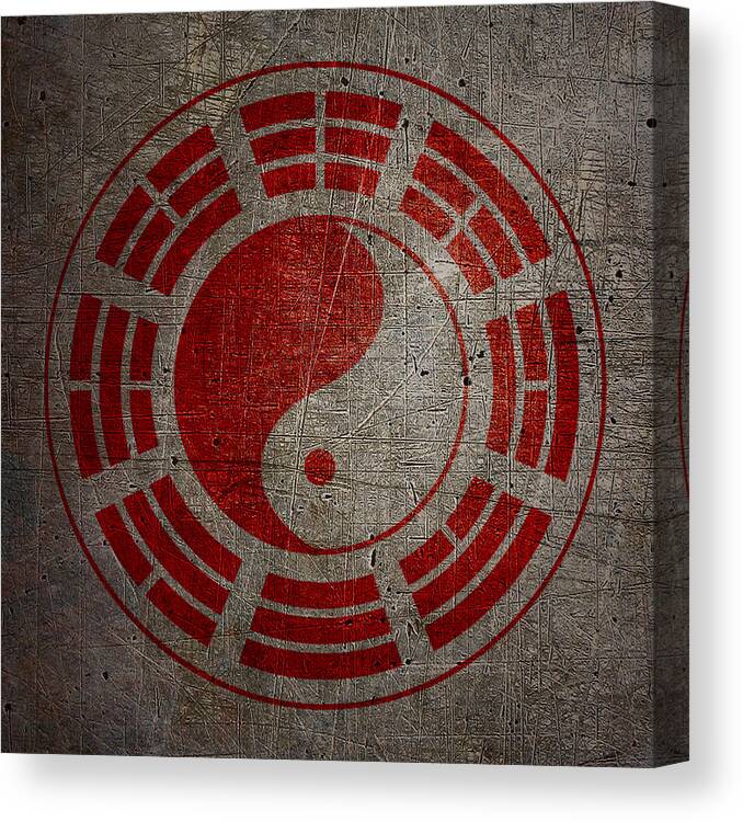 Yin Canvas Print featuring the digital art Red Yin Yang Sign on Stone and Metal Background by Fred Bertheas