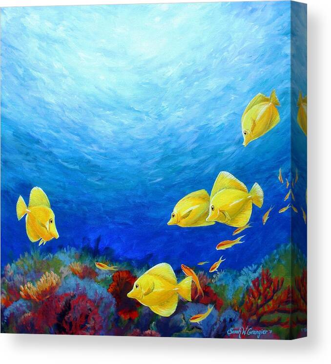 Yellow Fish Canvas Print featuring the painting Reef with Yellow Tangs by Sarah Grangier