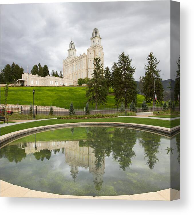 Temples Canvas Print featuring the photograph Reflections of the Manti Temple at Pioneer Heritage Gardens by Denise Bird