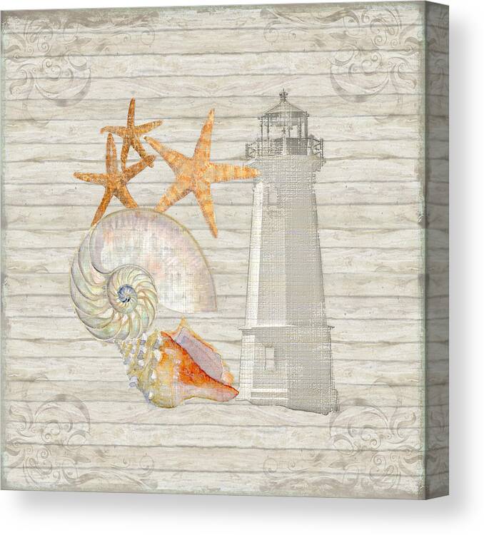 Lighthouse Canvas Print featuring the painting Refreshing Shores - Lighthouse Starfish Nautilus n Conch over driftwood background by Audrey Jeanne Roberts