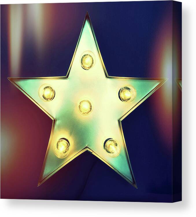 Star Canvas Print featuring the photograph Retro star with light bulbs by GoodMood Art