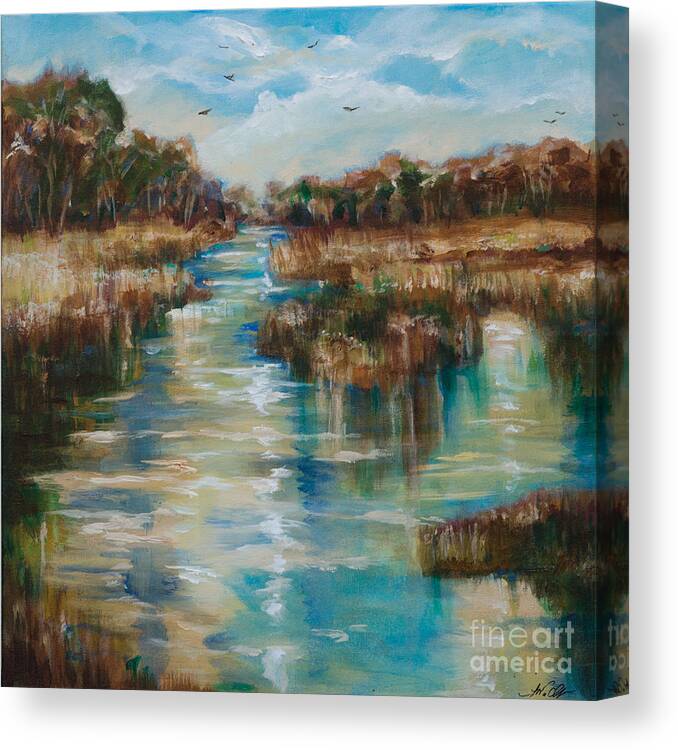 Marsh Canvas Print featuring the painting River Reflection by Linda Olsen