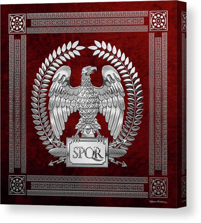 ‘treasures Of Rome’ Collection By Serge Averbukh Canvas Print featuring the digital art Roman Empire - Silver Imperial Eagle over Red Velvet by Serge Averbukh