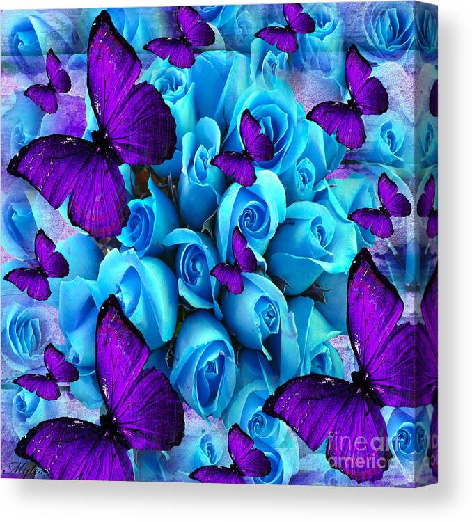 Roses Canvas Print featuring the painting Roses And Purple Butterflies by Saundra Myles