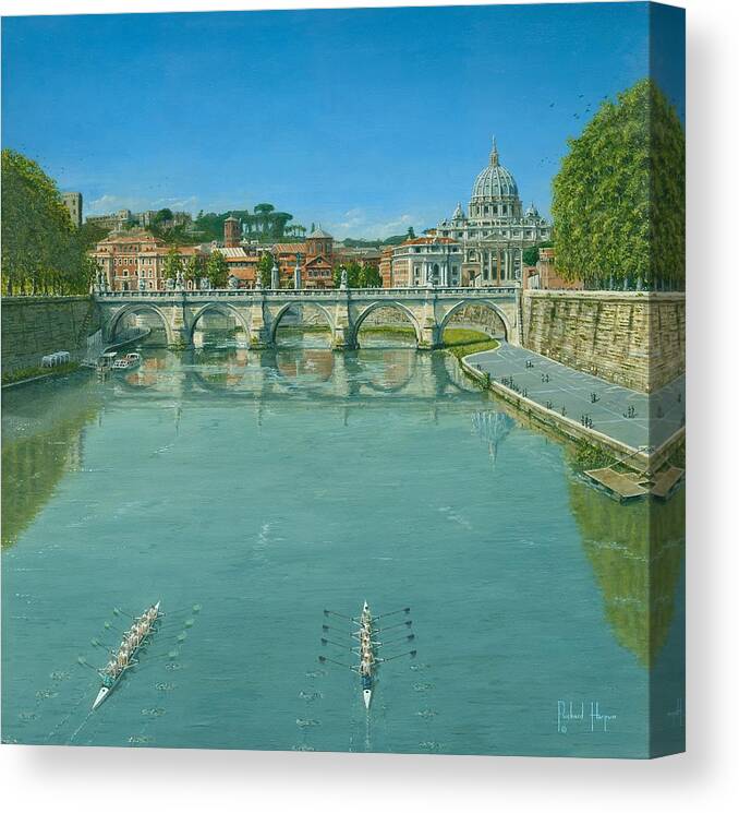 Landscape Canvas Print featuring the painting Rowing on the Tiber Rome by Richard Harpum
